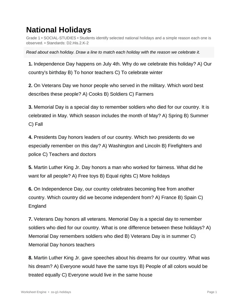 Page 1 preview of National Holidays