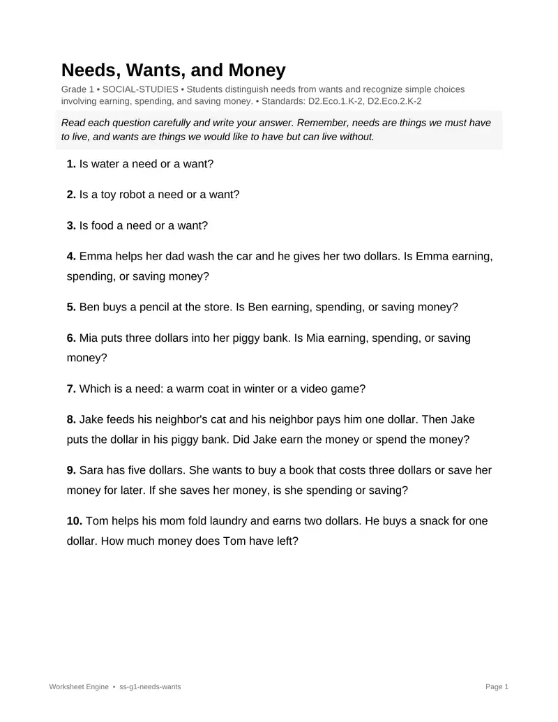 Page 1 preview of Needs, Wants, and Money