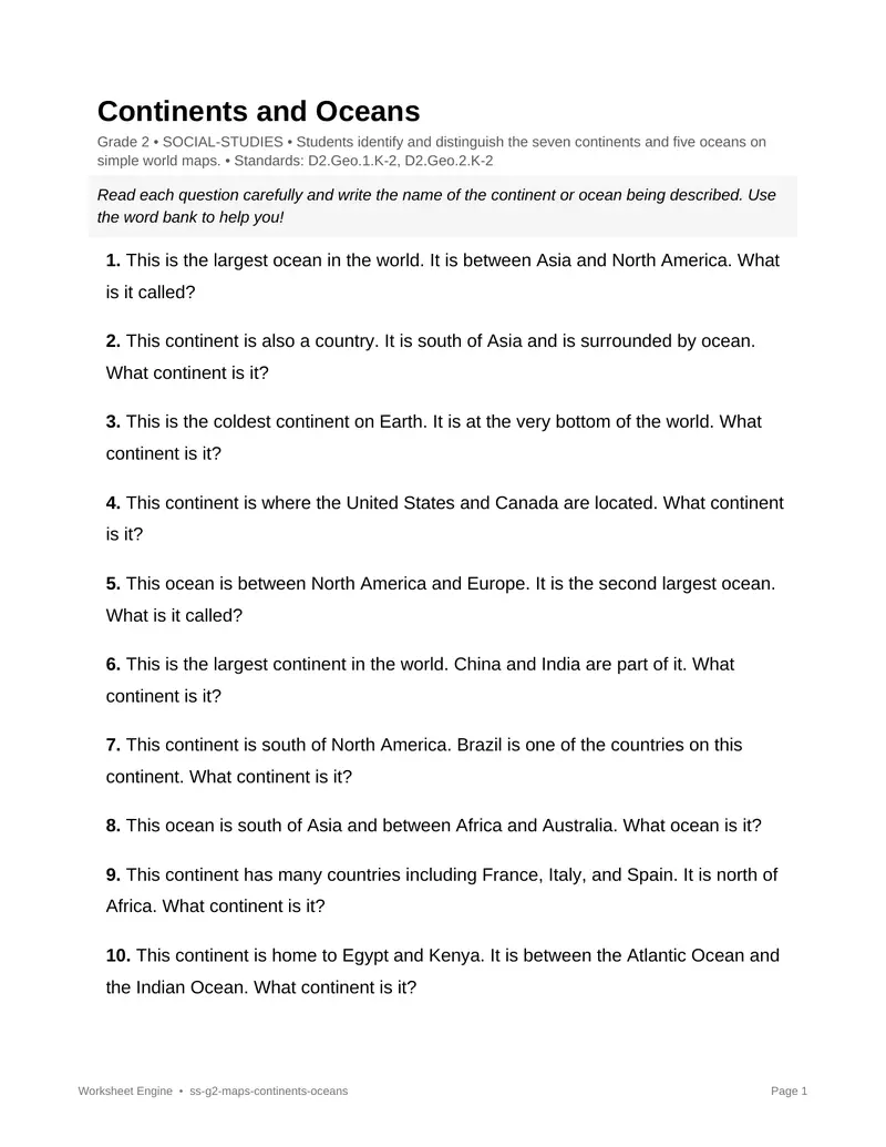 Page 1 preview of Continents and Oceans