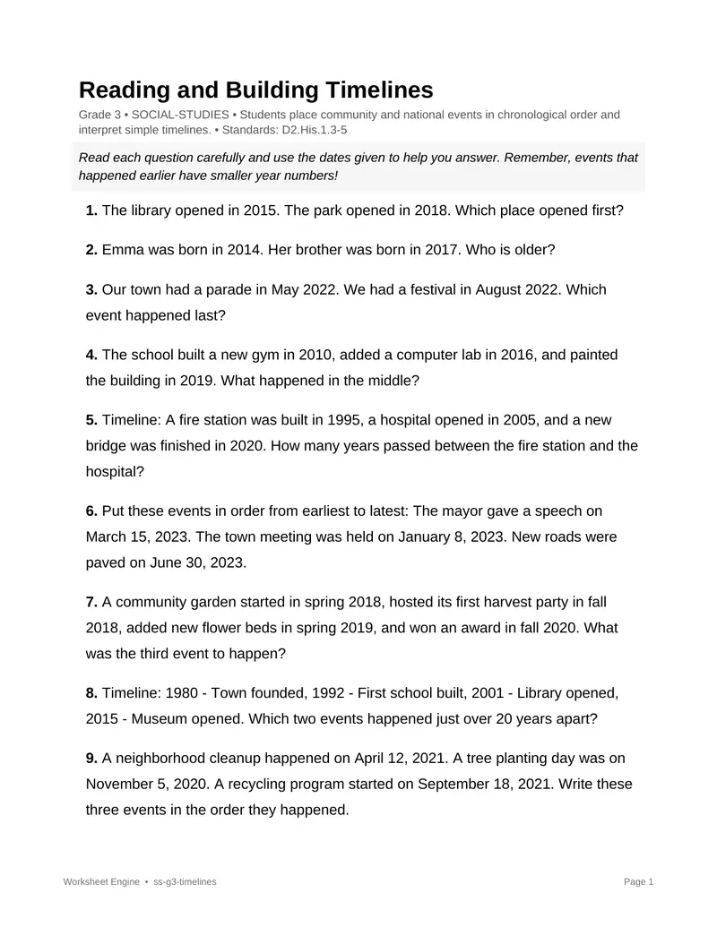 Page 1 preview of Reading and Building Timelines