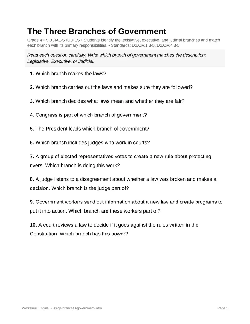 Page 1 preview of The Three Branches of Government