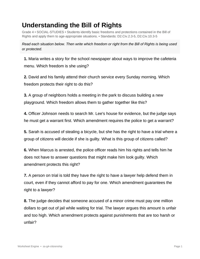 Page 1 preview of Understanding the Bill of Rights