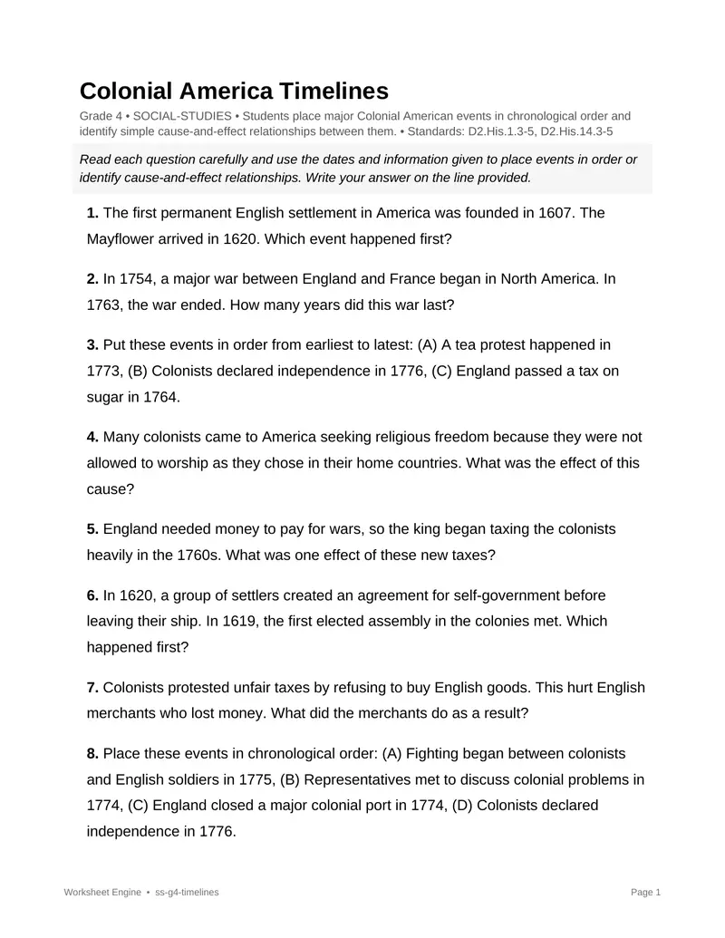 Page 1 preview of Colonial America Timelines