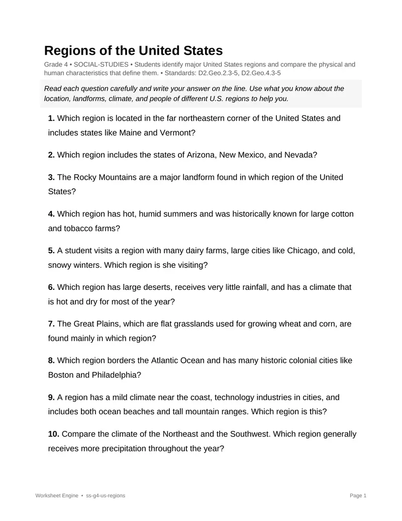 Page 1 preview of Regions of the United States
