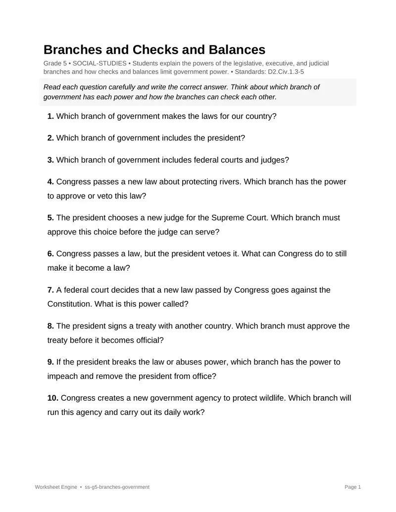 Page 1 preview of Branches and Checks and Balances