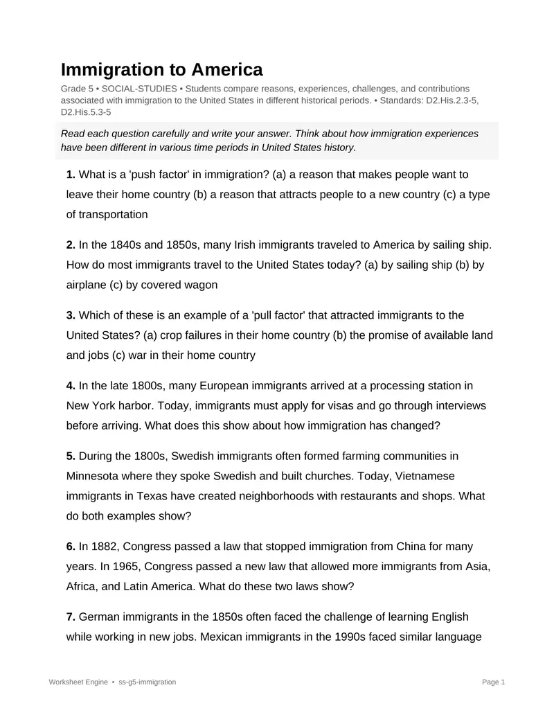 Page 1 preview of Immigration to America