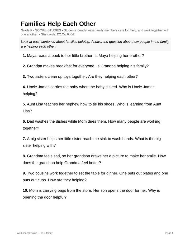 Page 1 preview of Families Help Each Other