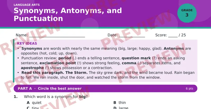 Page 1 preview of Synonyms, Antonyms, and Punctuation