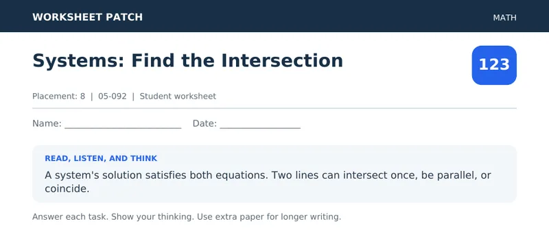 Page 1 preview of Systems: Find the Intersection