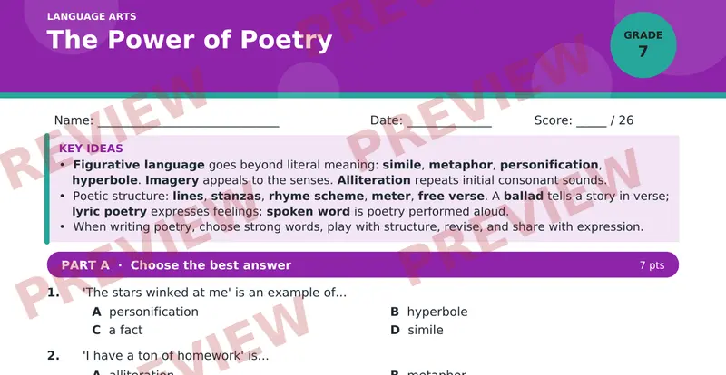 Page 1 preview of The Power of Poetry — Grade 7