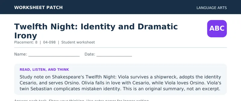 Page 1 preview of Twelfth Night: Identity and Dramatic Irony