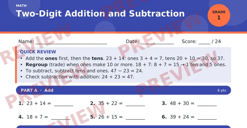 Page 1 preview of Two-Digit Addition and Subtraction
