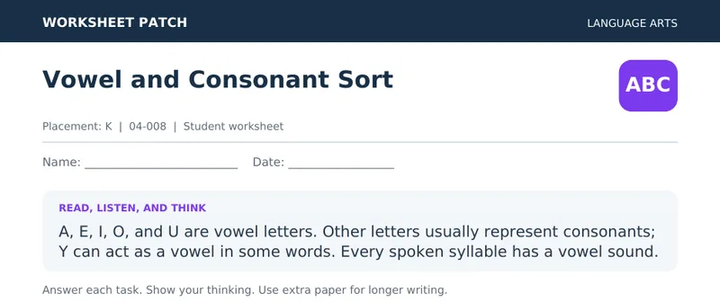 Page 1 preview of Vowel and Consonant Sort