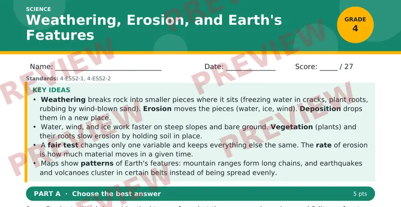 Page 1 preview of Weathering, Erosion, and Earth's Features