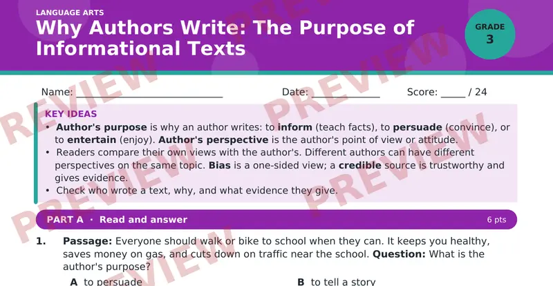 Page 1 preview of Why Authors Write: The Purpose of Informational Texts